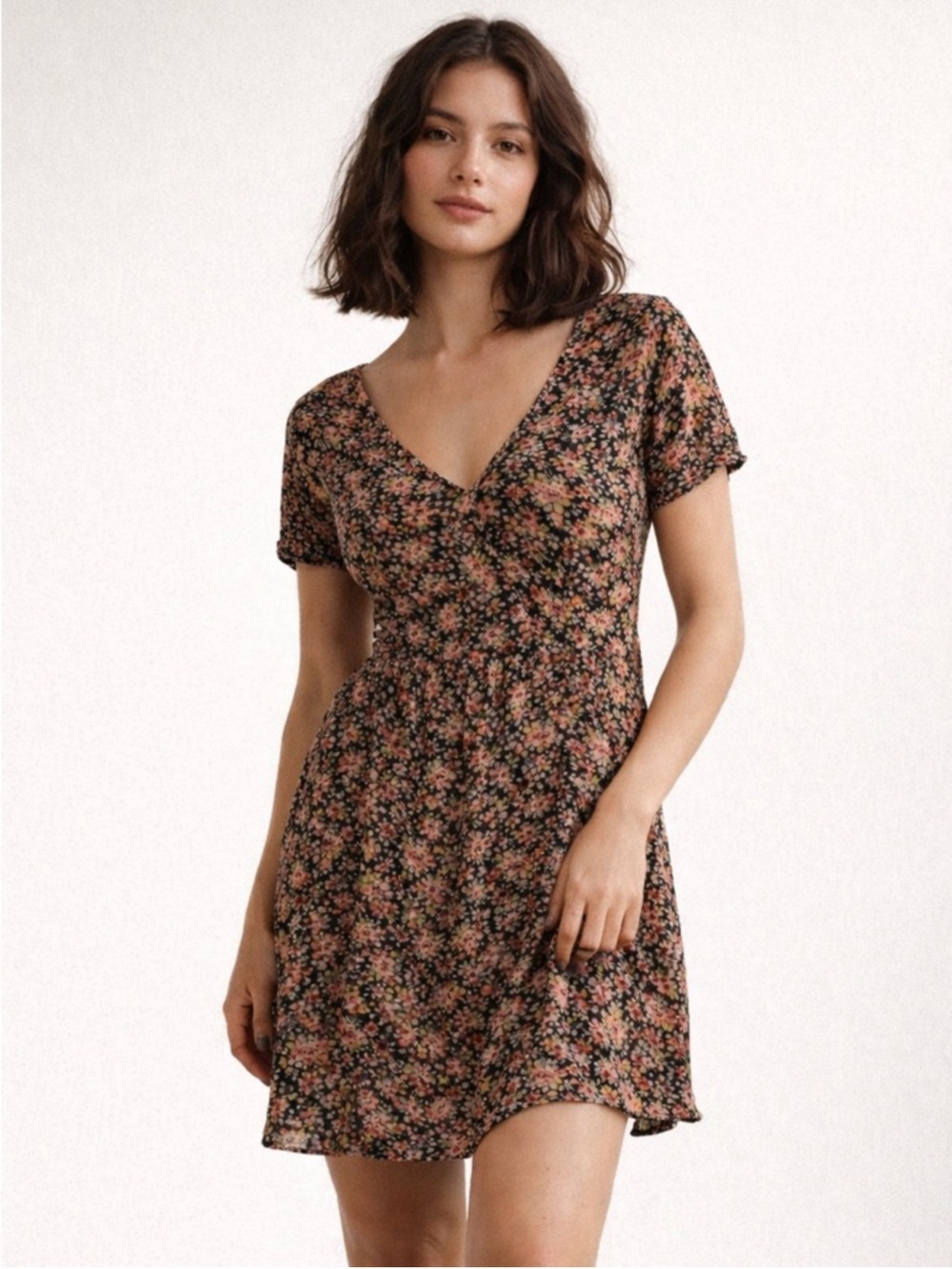 Rabbit Rabbit Rabbit Black Mini Dress with Pink Floral Print